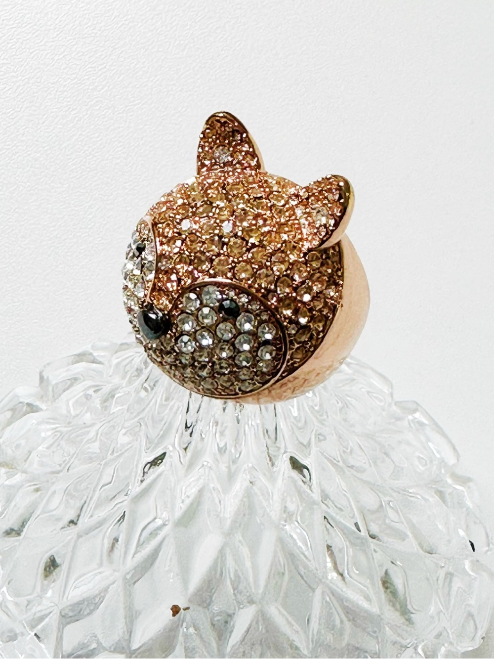 Fossil Rose Gold Fox Face Ring with Clear Crystals
